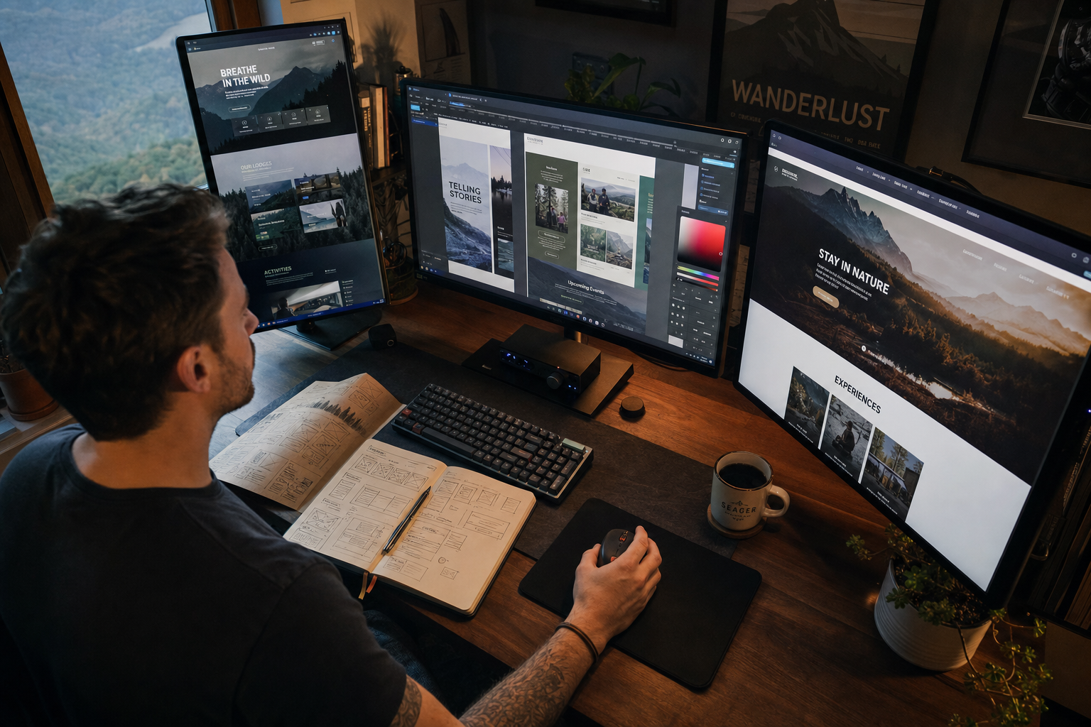 Web designer working at multiple monitors displaying colorful website designs